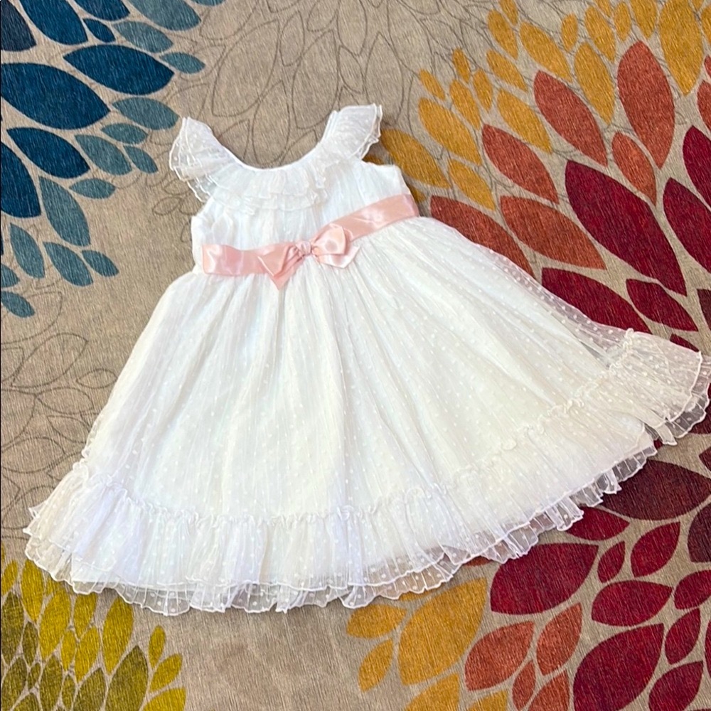 Laura Ashley London White Polkadot flower girl Easter Dress with Pink Bow 🎀 6